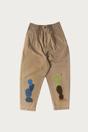 Chino High Waisted NIME Pants (CACTUS Embroidery) - Beige