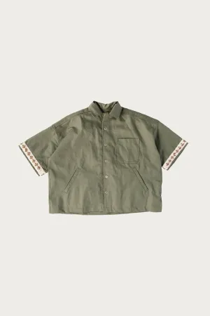 Cropped Side Pocket Button Up - Olive Green Sateen