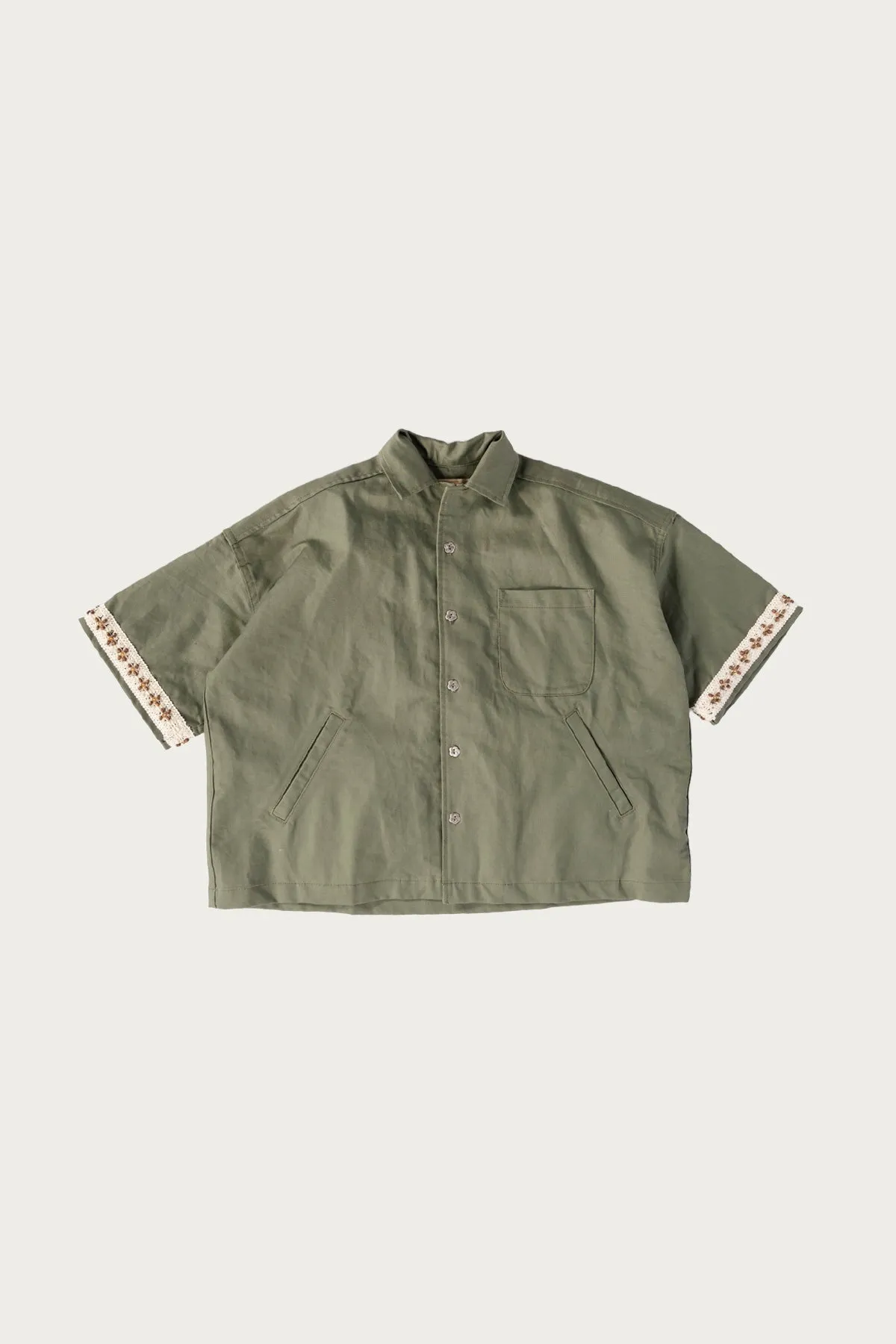 Cropped Side Pocket Button Up - Olive Green Sateen