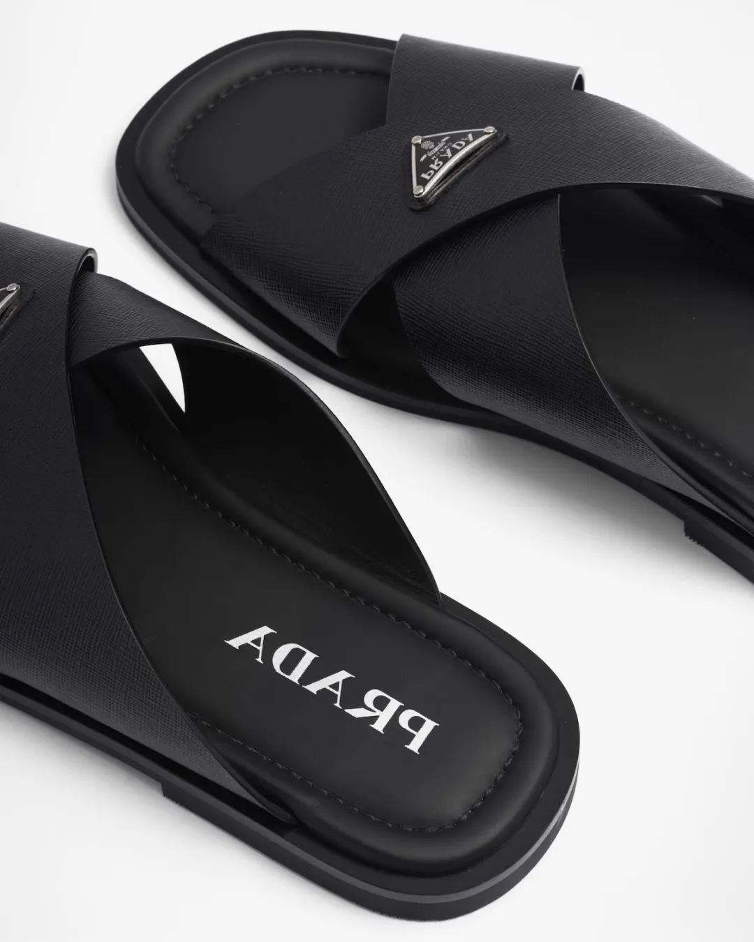 Prada Men's Black Crisscross Logo-Triangle Leather Sandals
