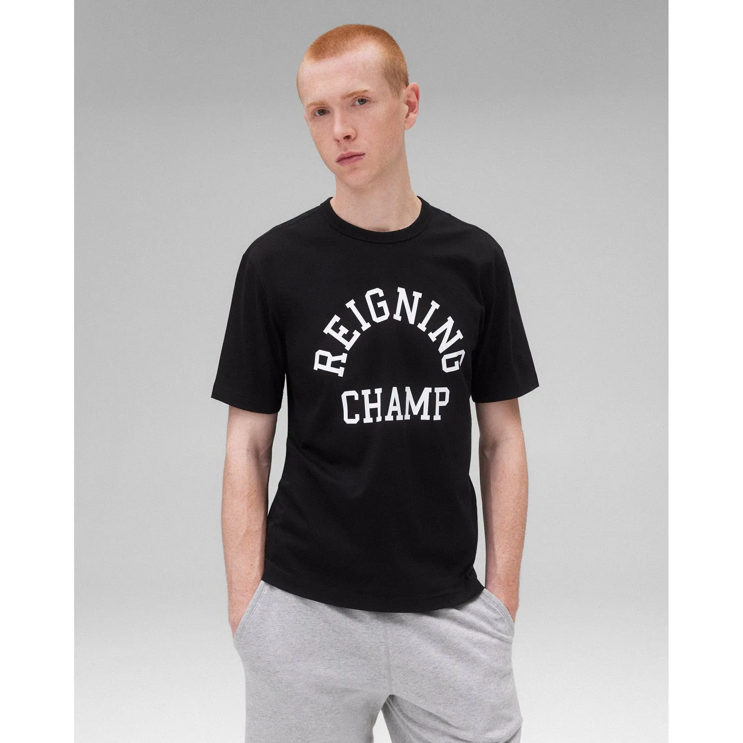 Reigning Champ Men Knit Lightweight Jersey Arch Logo T-Shirt Black White
