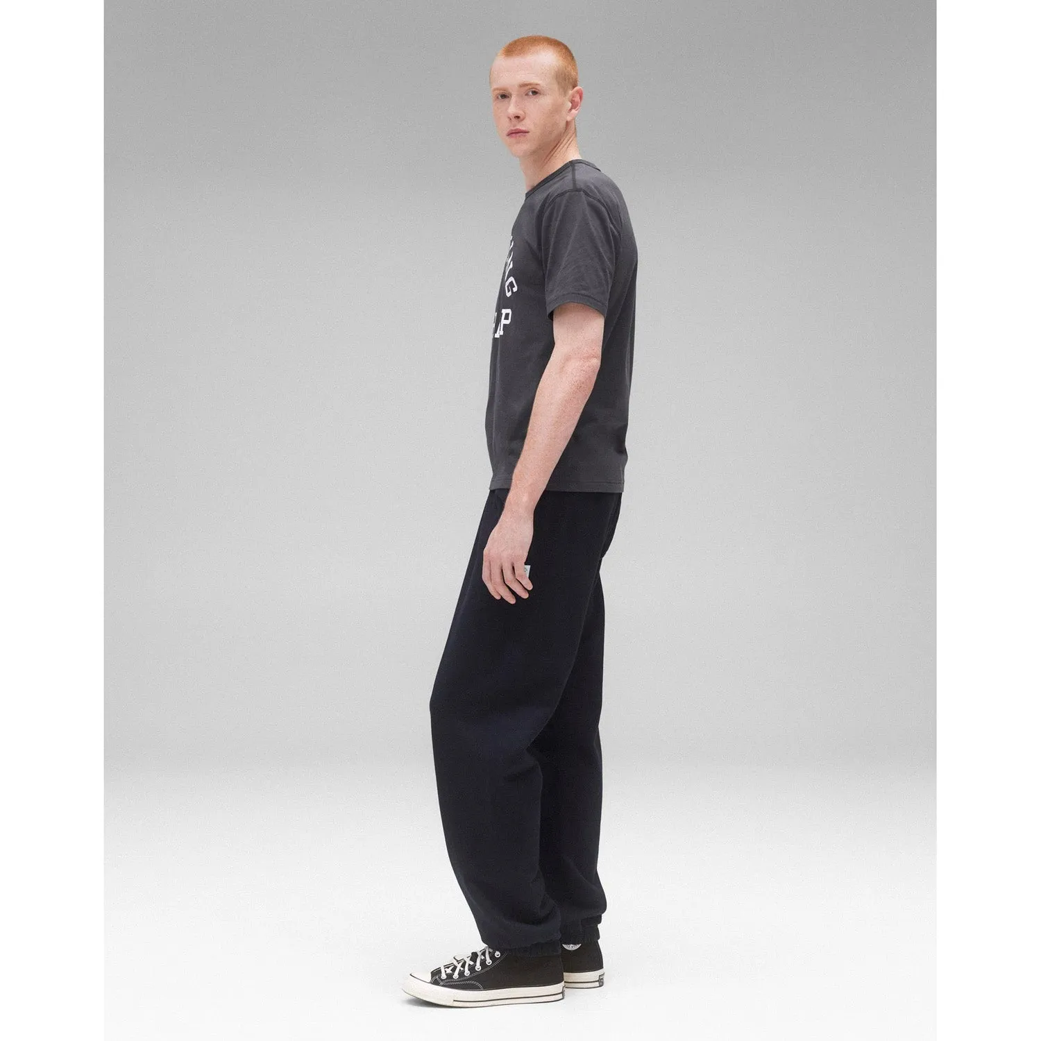 Reigning Champ Men Knit Lightweight Jersey Arch Logo T-Shirt Midnight White
