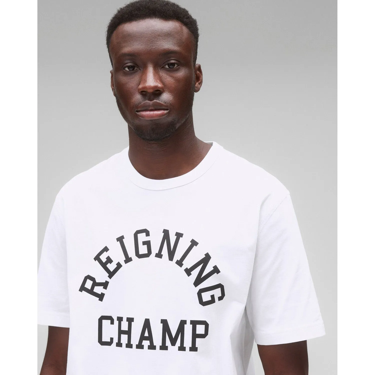 Reigning Champ Men Knit Lightweight Jersey Arch Logo T-Shirt White Black