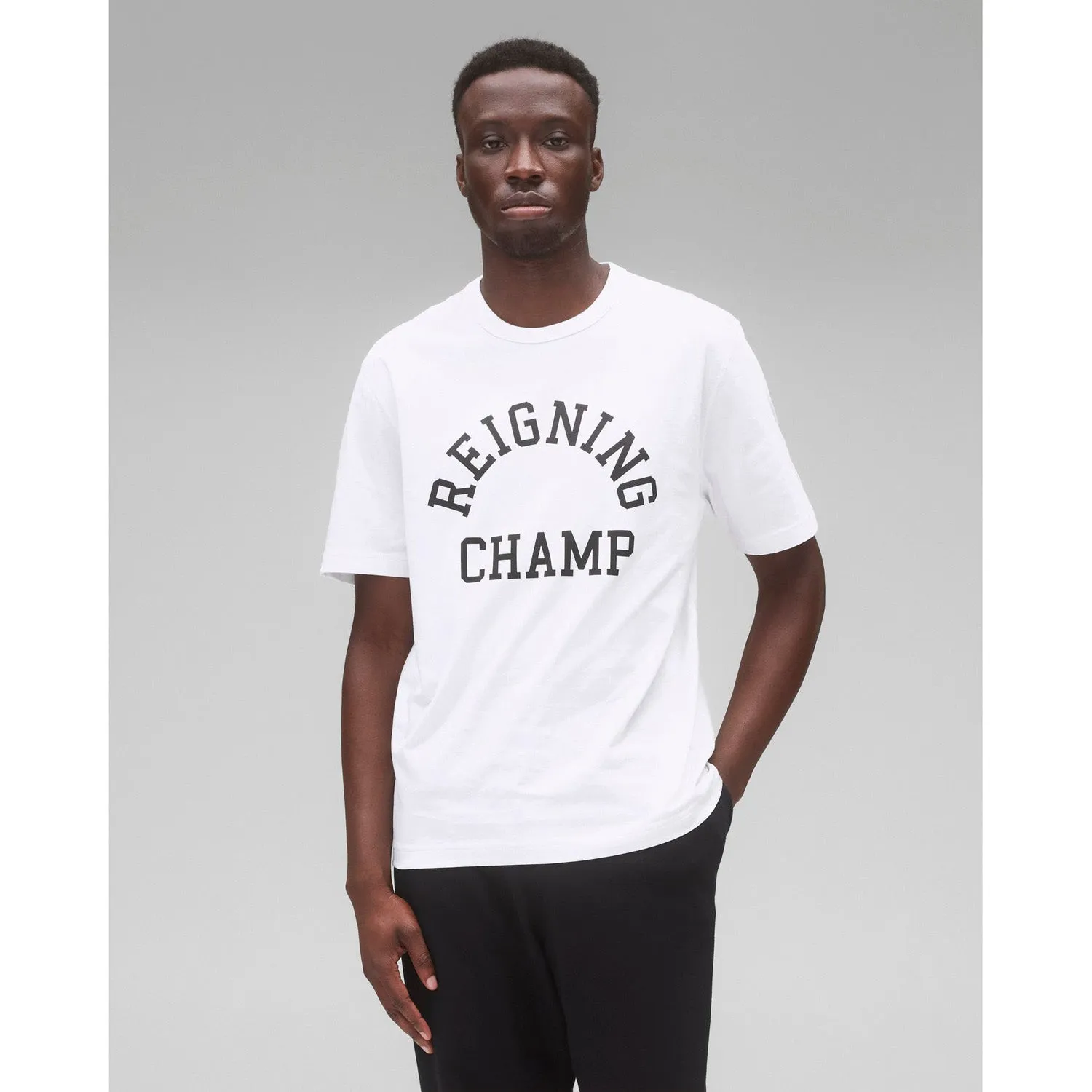 Reigning Champ Men Knit Lightweight Jersey Arch Logo T-Shirt White Black