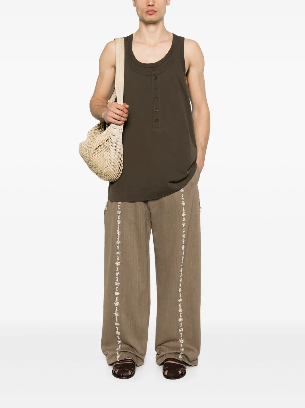 ZIGGY CHEN - Men Layered Jersey Henley Neck Tank Top